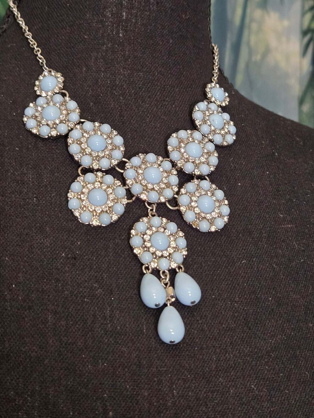 Light Blue Cabochon and Rhinestone Statement Bib Necklace with Dangle Drops